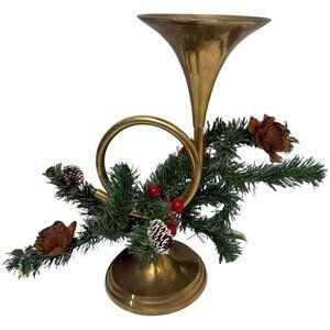 Christmas Brass Horn Candle Holder 9.5" high Candlestick Holiday Decor Vintage